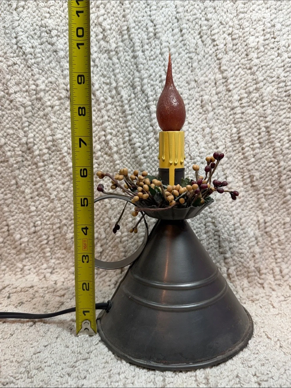 Black Metal Lantern Candle Accent with Burgundy Flame and Yellow Candle Sleeve